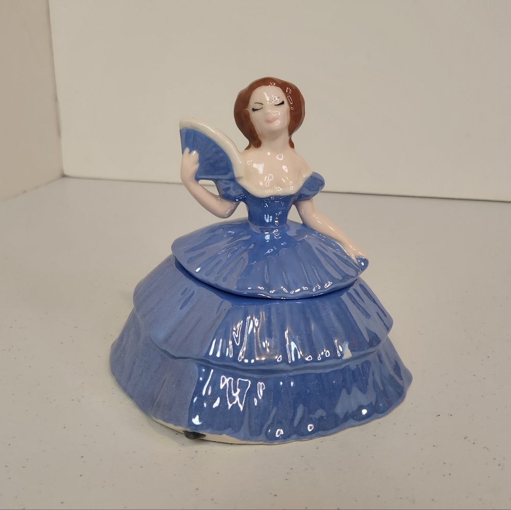 Vintage Victorian Woman Blue Ballgown Dress Jewelry Trinket Box Dresser Doll